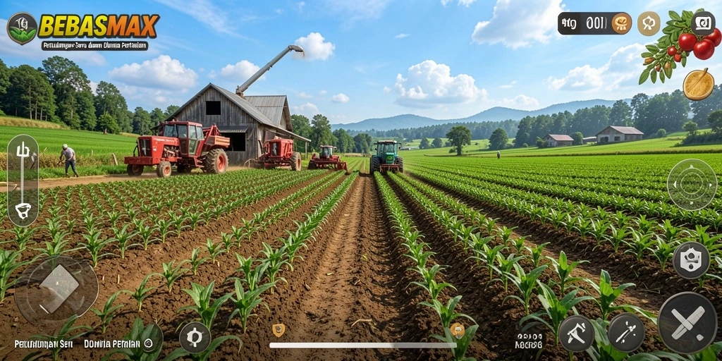 Tampilan gameplay BEBASMAX yang menggambarkan ladang yang subur dan hewan peliharaan.
