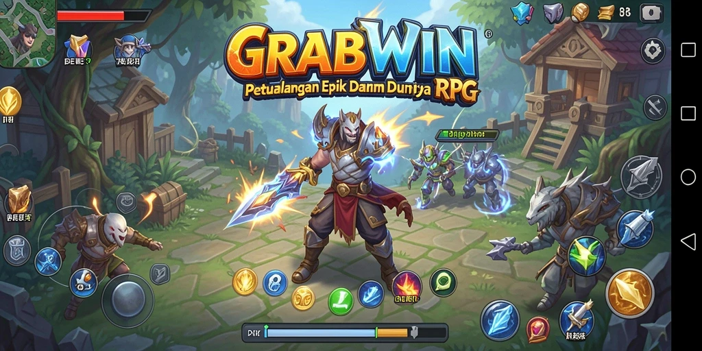 Screenshot gameplay RPG <strong>GRABWIN</strong> yang menampilkan pertarungan epik dan eksplorasi.