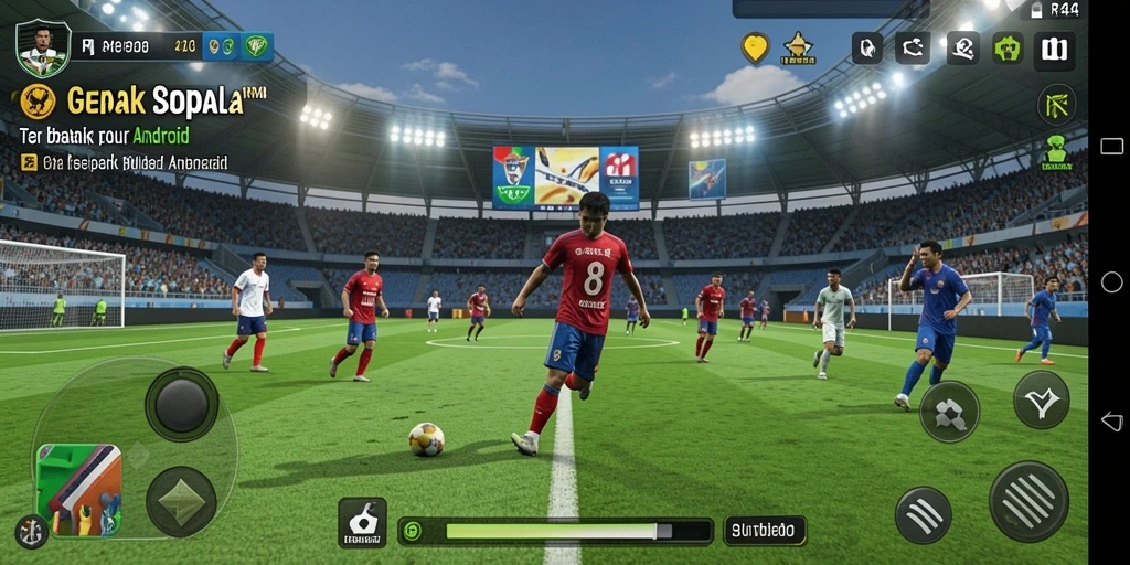Tangkapan layar utama RR44 menampilkan aksi pertandingan sepak bola yang mendebarkan.